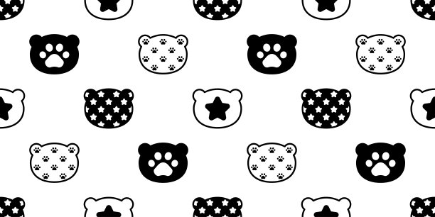 小熊无缝图案北极熊爪子脚印脸头矢量星卡通涂鸦瓷砖墙纸重复背景插图设计图片下载