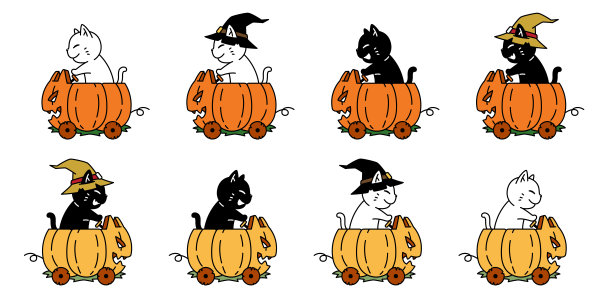 猫矢量万圣节南瓜车小猫骑图标卡通人物鬼花布标志符号涂鸦插画设计图片下载