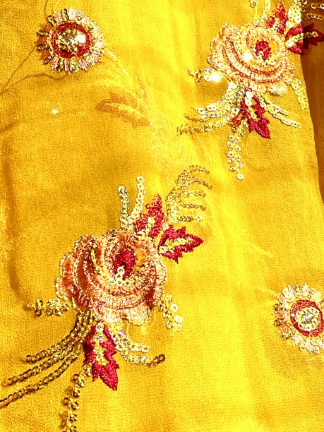 黄围巾由乔其纱与红橙红玫瑰刺绣和亮片，细节图片下载