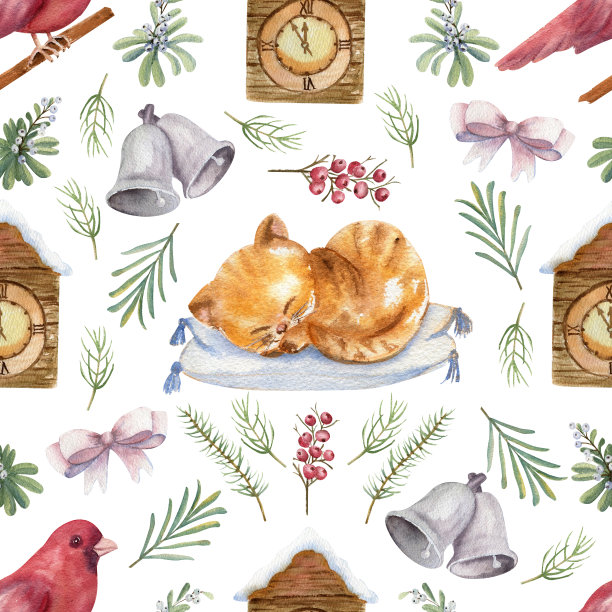 无缝的背景与一只猫，一个时钟，一只鸟，冬天的cor在白色孤立的背景。圣诞节水彩插图图片下载