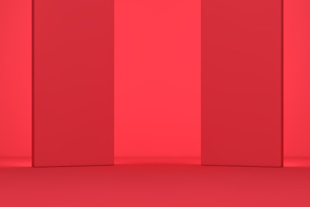 抽象的现代展厅室内设计与空混凝土地板和红色墙背景-大厅或舞台3d插图图片下载