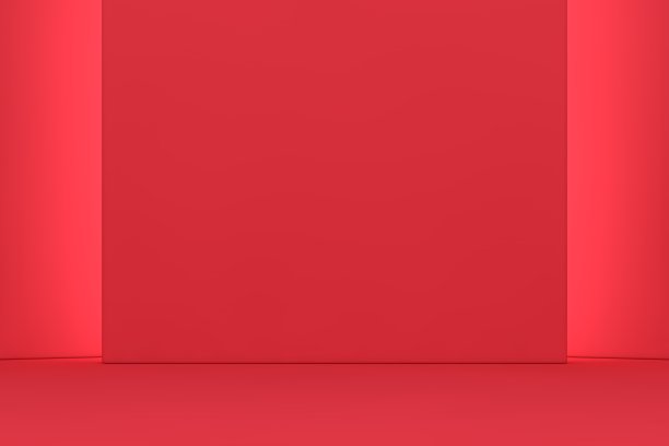 抽象的现代展厅室内设计与空混凝土地板和红色墙背景-大厅或舞台3d插图图片下载