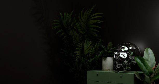 3d渲染，3d插图。眼睛发光的迪斯科球骷髅。图片下载