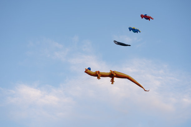 龙、鲸和恐龙的风筝在同一根绳子上在空中翱翔图片下载