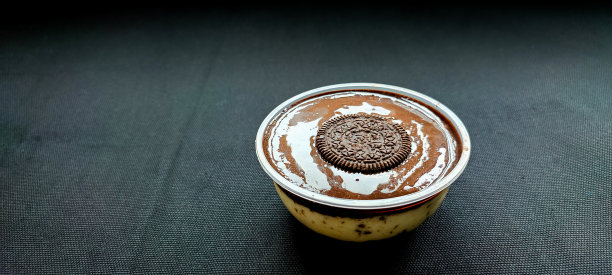 一杯冰淇淋，上面有融化的巧克力和一块饼干。蛋糕冰淇淋。图片下载