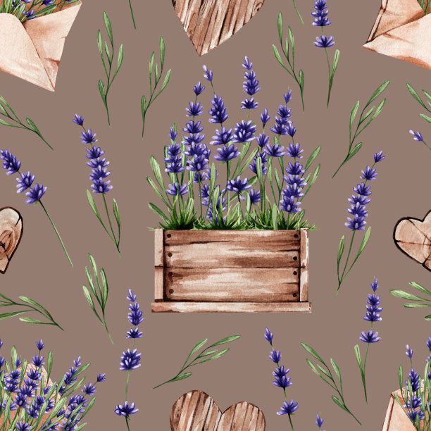 花卉水彩图案与薰衣草在木制盒子和信封上的棕色。适用于织物、纺织品、墙纸、装饰图片下载