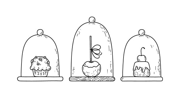 矢量甜点在玻璃支架-纸杯蛋糕，焦糖苹果，樱桃蛋糕，棒棒糖蛋糕，松饼。手绘涂鸦插图与甜蜜的面包房。图片下载