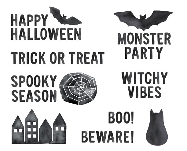 水彩画插图收集万圣节信息，装饰蝙蝠，黑猫，黑暗城堡和蜘蛛网剪影。图片下载