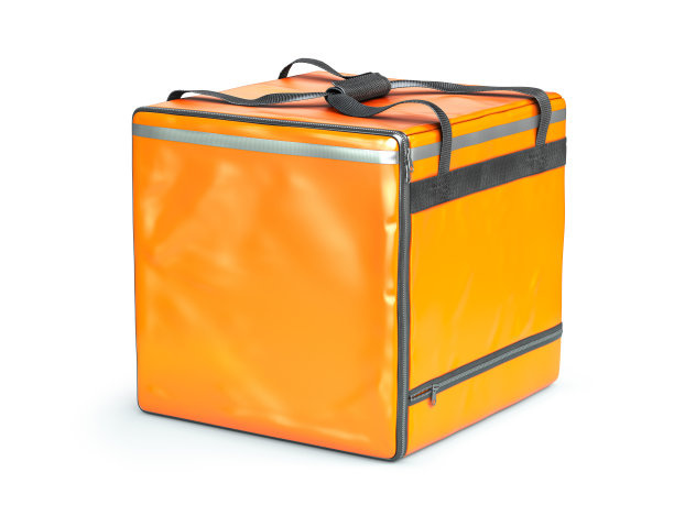 黄色食品快递袋隔离上白色。模拟文本空间。图片下载