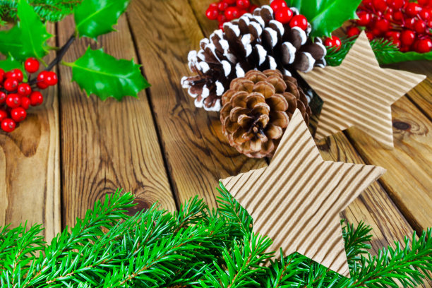 自然圣诞节装饰与冷杉枝和冬青木制背景图片下载