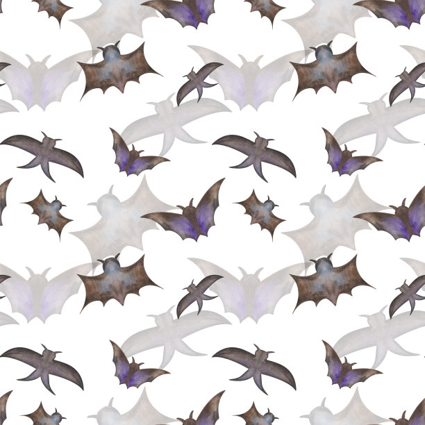 水彩无缝模式从手绘插图飞行黑色蝙蝠与展开翅膀的万圣节图片下载