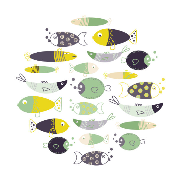 圆形构图与可爱的卡通鱼和复古调色板。矢量图图片下载