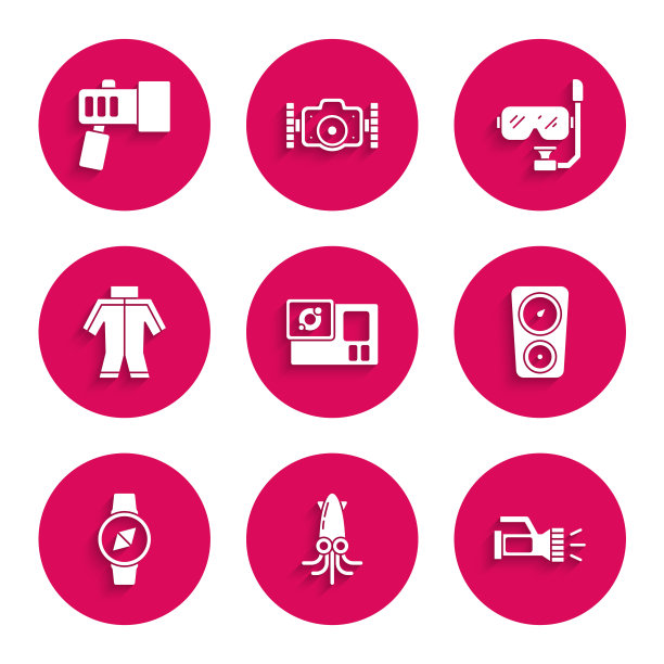 设置动作相机，章鱼，手电筒，压力表，指南针，潜水服，潜水面罩和通气管和图标。向量图片下载