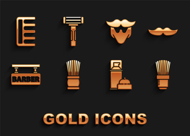 设置剃须刷，胡子，凝胶泡沫，理发店，胡子，发刷和剃须刀图标。向量图片下载