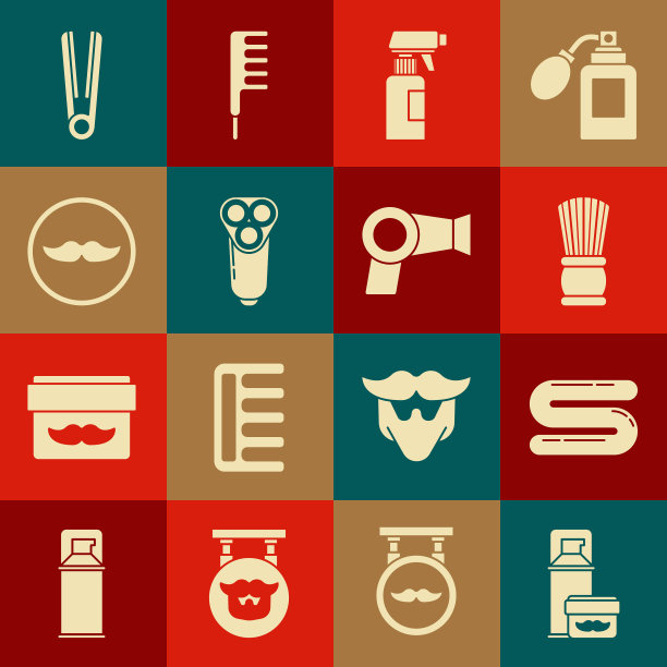 套装剃须啫喱泡沫、毛巾、刷子、美发师手枪喷雾瓶、男士电动剃须刀片、小胡子、卷发器、烘干机图标。向量图片下载