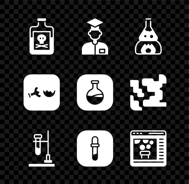 设置毒药瓶，实验室助理，试管烧瓶火，移液器，化学在线，破碎和图标。向量图片下载