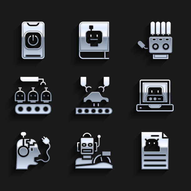 设置机器人机器人手臂在工厂，人形驾驶汽车，技术规范，创造，充电电池，工业生产的机器人，机械手和关机从手机图标。向量图片下载