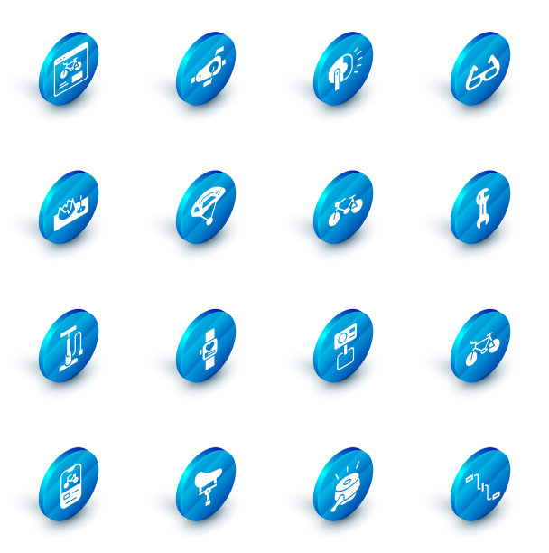 设置自行车踏板，头灯，运动自行车太阳镜，在街道坡道，气泵，头盔，扳手扳手和图标。向量图片下载