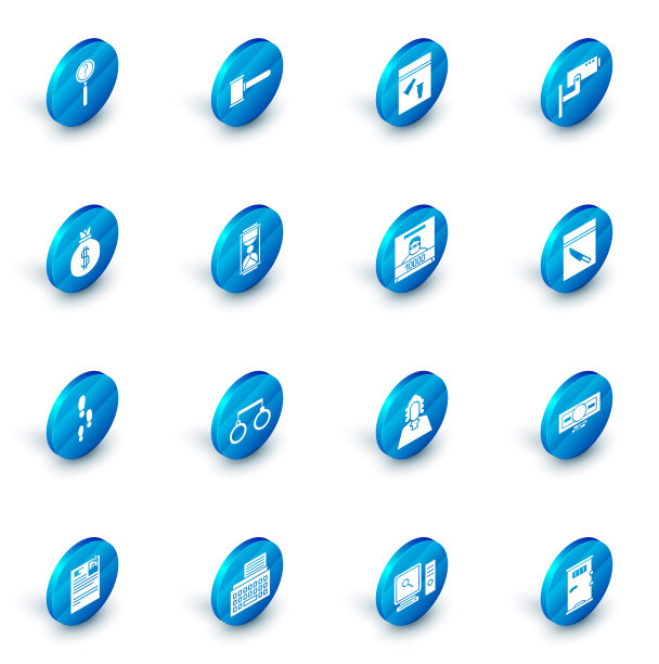 法官木槌，证据袋和子弹，安全摄像头，金钱，脚步，带沙子的旧沙漏，刀和通缉海报图标矢量素材图片下载