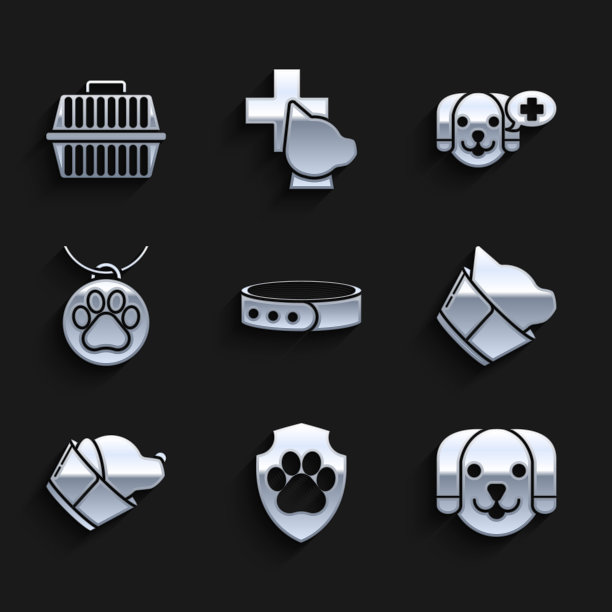 设置项圈与姓名标签，动物健康保险，狗，兽医诊所符号，和宠物手提箱图标。向量图片下载