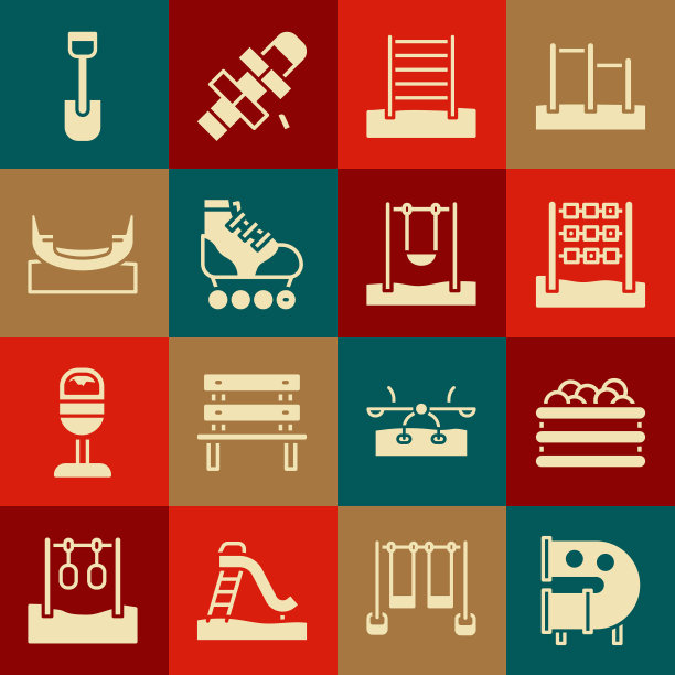 集儿童游乐场滑梯管，游泳池与球，井字游戏，瑞典墙，轮滑，船秋千，铲子玩具和秋千图标。向量图片下载