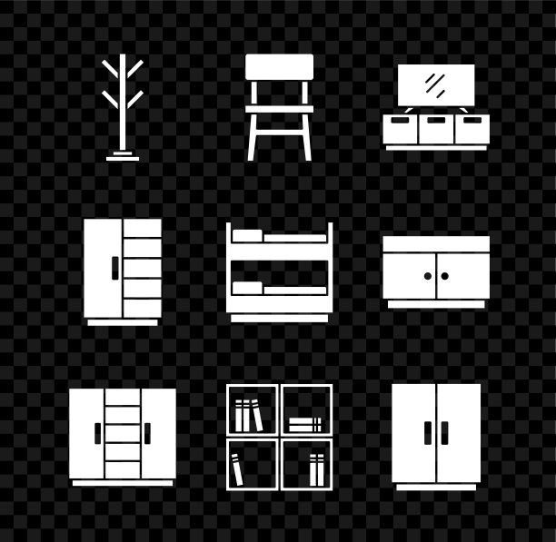 设置外套站，椅子，电视桌子，衣柜，书架的书，和双层床的图标。向量图片下载