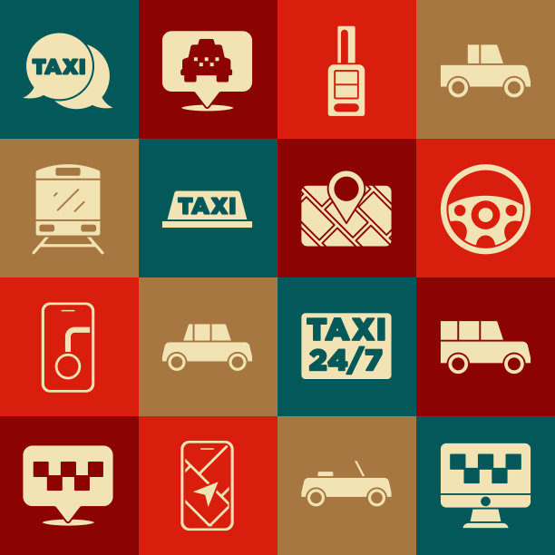 设有电脑呼叫出租车服务、汽车、方向盘、遥控器键、出租车车顶、火车、电话和Gps设备地图图标。向量图片下载