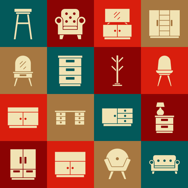 设置沙发，家具床头柜与灯，椅子，电视桌子，穿衣，外套图标。向量图片下载