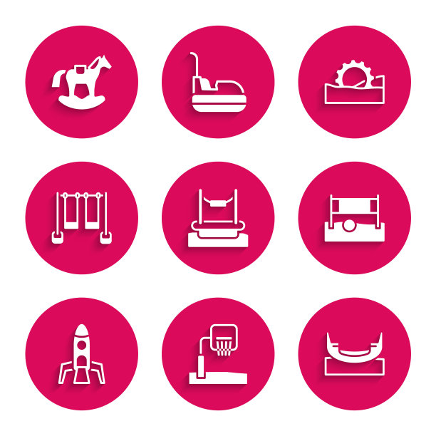 集蹦极，篮球篮板，船秋千，排球网具，火箭船，双人，摩天轮和马鞍图标。向量图片下载