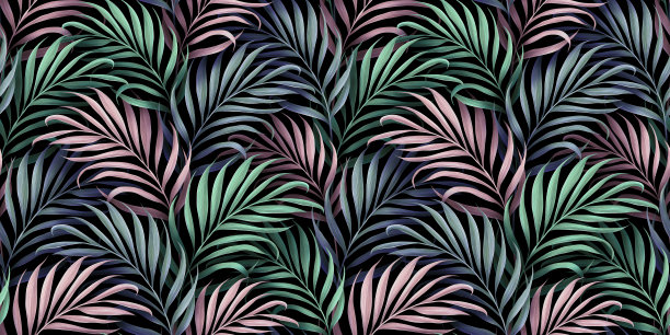 热带无缝模式。漂亮的绿色，粉红色，蓝色的棕榈叶。手绘复古3D插图。图片下载
