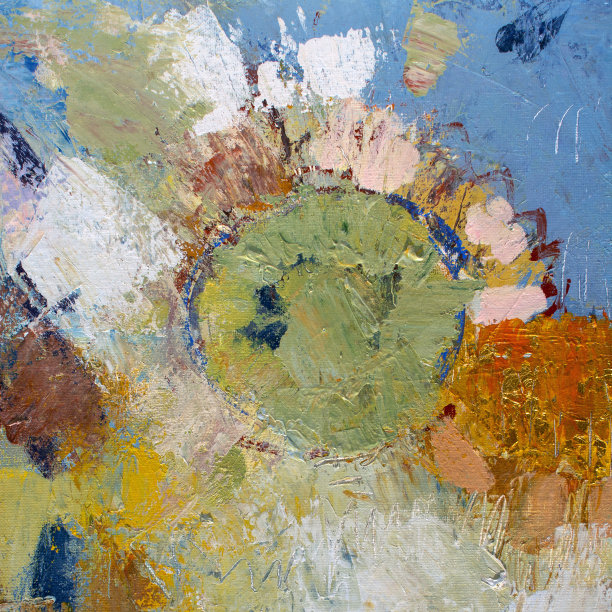 帆布上的蓝色油画。原创抽象丙烯酸橘色颜料。黄金稠膏。图片下载