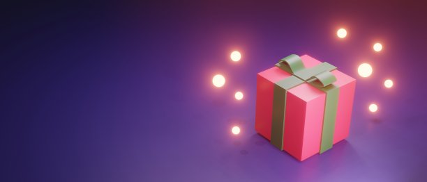 3D渲染，3D插图，圣诞礼物和灯，12月的夜晚图像，水平横幅与空间的文本图片下载
