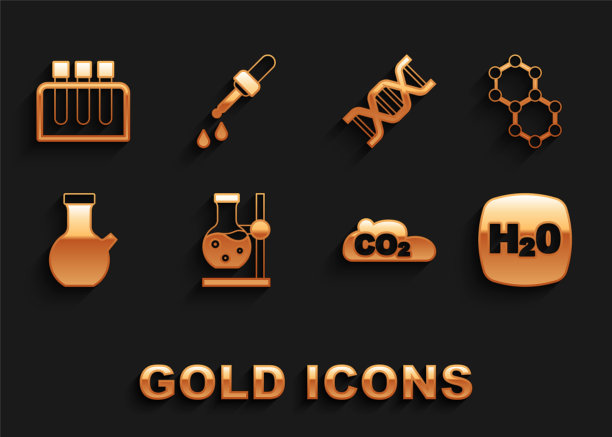 在架子上设置试管烧瓶，分子，化学公式H2O，云中的二氧化碳排放，DNA符号，和移液器图标。向量图片下载