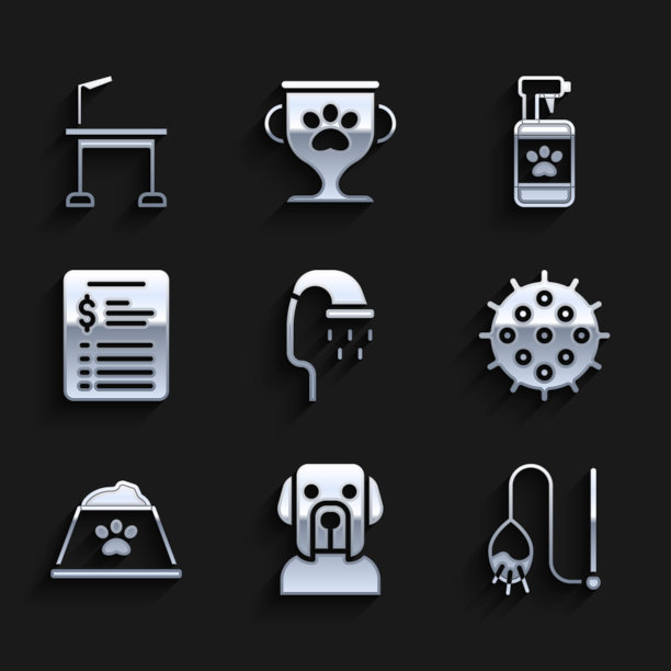 设置宠物淋浴器，狗，猫玩具，网球，食物碗，美容沙龙价格表，洗发水和美容表图标。向量图片下载