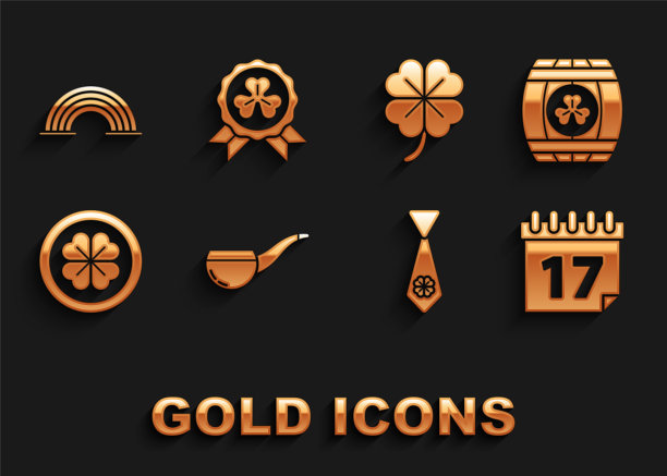 设置吸烟烟斗，木桶与四叶苜蓿，圣帕特里克日日历，领带，金币，四，彩虹和奖章图标。向量图片下载