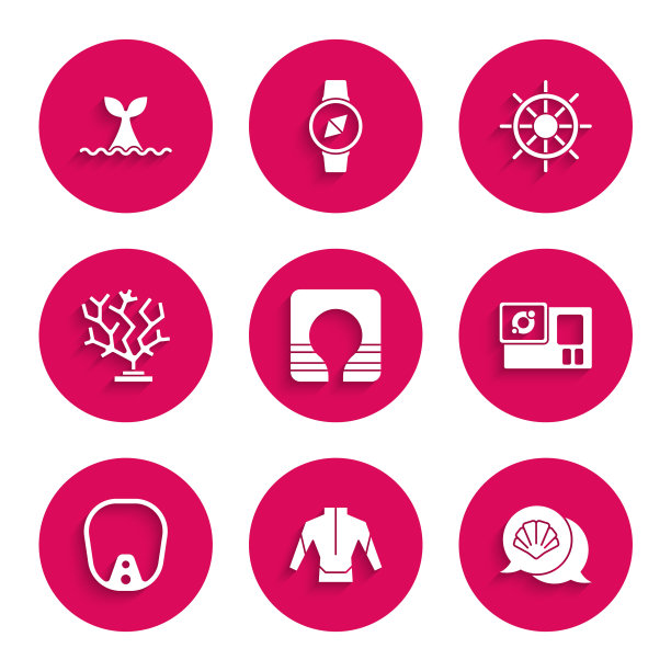 集救生衣，潜水服，扇贝海贝壳，动作相机，潜水面具，珊瑚，船舶舵轮和鲸尾海浪图标。向量图片下载