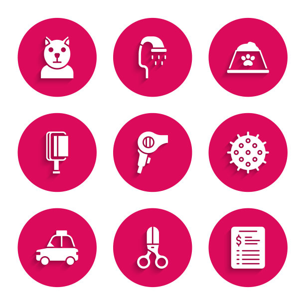集电吹风，剪刀，发型师，美容沙龙价格表，网球，宠物车出租车，狗和猫刷，食物碗和猫图标。向量图片下载