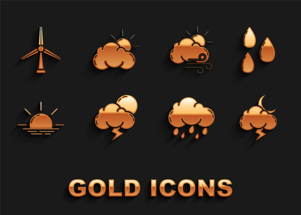 设置风暴，水滴，云与雨，日出，刮风的天气，涡轮机和和云图标。向量图片下载