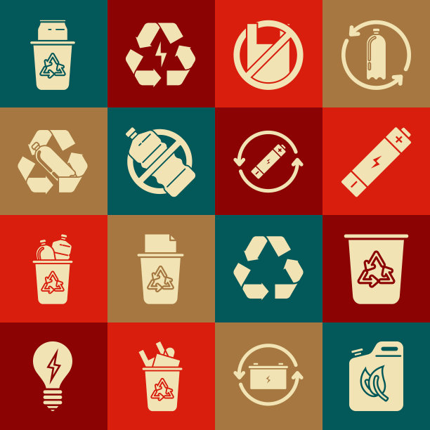 设置生物燃料罐，回收站与回收标志，电池，说不塑料袋海报，无瓶，回收，和和线图标。向量图片下载