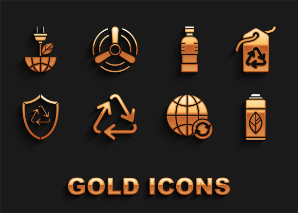 设置回收标志，标签与回收，回收塑料瓶，地球和回收，内盾，瓶的水，节电插头叶和风力涡轮机图标。向量图片下载