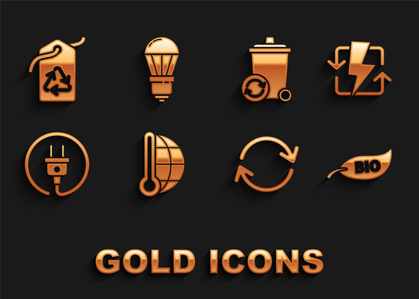 设置气象温度计测量，充电，叶子生物符号，刷新，电动插头，回收站与回收站，标签和LED灯泡图标。向量图片下载