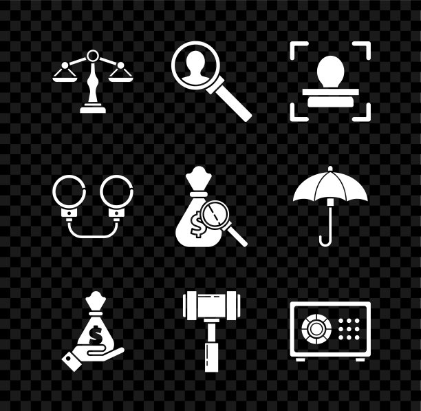 正义天平、放大镜、人脸识别、手持钱袋、法官锤、保险箱、手铐和金钱放大图标矢量图图片下载