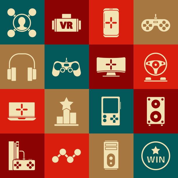设置奖牌，立体声扬声器，赛车模拟座舱，智能手机和玩游戏，手柄，耳机，分享和电脑显示器图标。向量图片下载