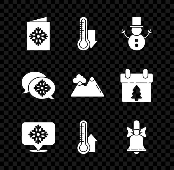 圣诞节明信片套装：气象温度计、雪人、雪花语音气泡、欢乐铃铛和山脉图标。矢量素材图片下载