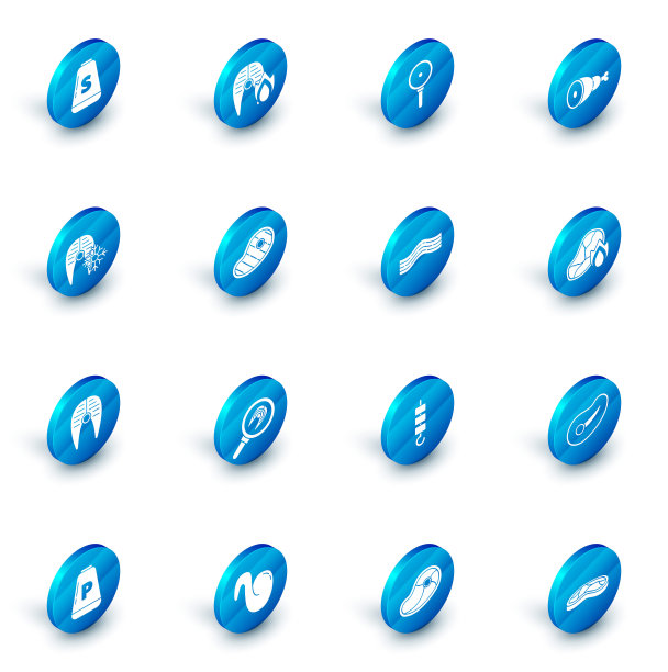 设置烤鱼排和火焰，煎锅，鸡腿，新鲜冷冻，鱼，牛排肉，培根条纹图标。向量图片下载