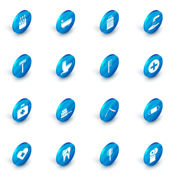 设置浴缸，垃圾桶，肥皂洗手，剃须刀，急救箱，马桶，十字医院医疗和发刷图标。向量图片下载