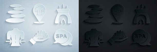 设置莲花，芳香蜡烛，按摩，水疗沙龙，和堆叠热石图标。向量图片下载