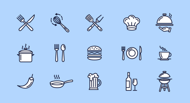 食物和餐馆轮廓图标设置。一组15个食物图标孤立在光背景。包括餐厅用具，厨师帽，饮料，烧烤架。图标为餐厅。矢量图图片下载