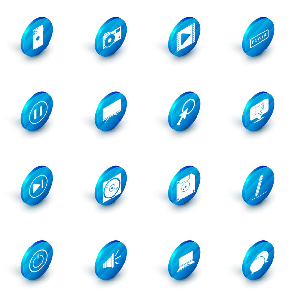 设置照片相机，播放视频，电源按钮，暂停，快进，智能电视，不喜欢的语音气泡和箭头光标图标。向量图片下载