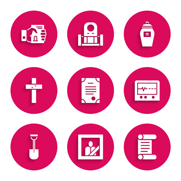 设置死亡证书，哀悼的相框，法令，羊皮纸，卷轴，打死监视器，铲子，基督教十字架，葬礼和手的图标。向量图片下载